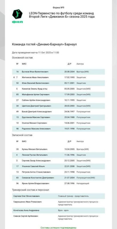 Стартовый состав "Динамо-Барнаул" на матч против второго "Урала"