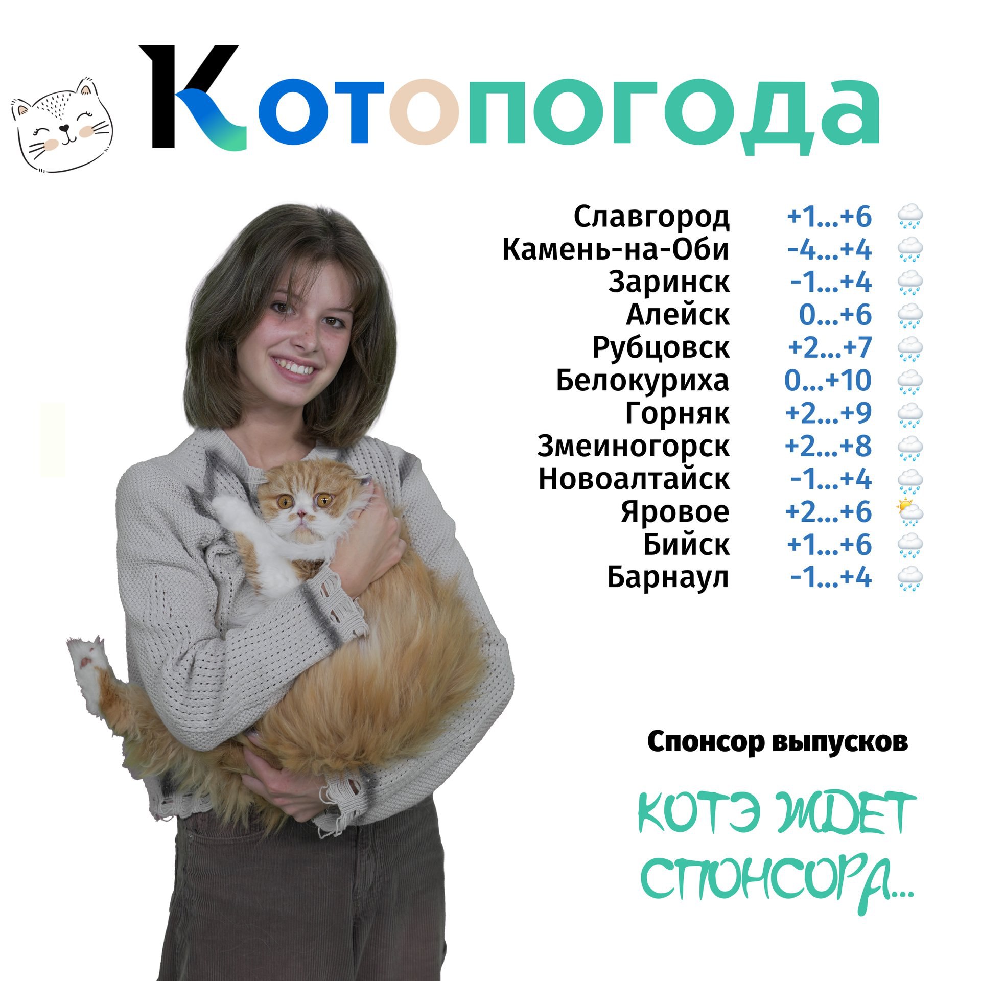 Встречайте ведущих «Котопогоды» на канале «Катунь 24» — ученица 11 класса барнаульского лицея №129 Аксинья Белова и шотландский вислоухий кот Лексей Лексеевич
