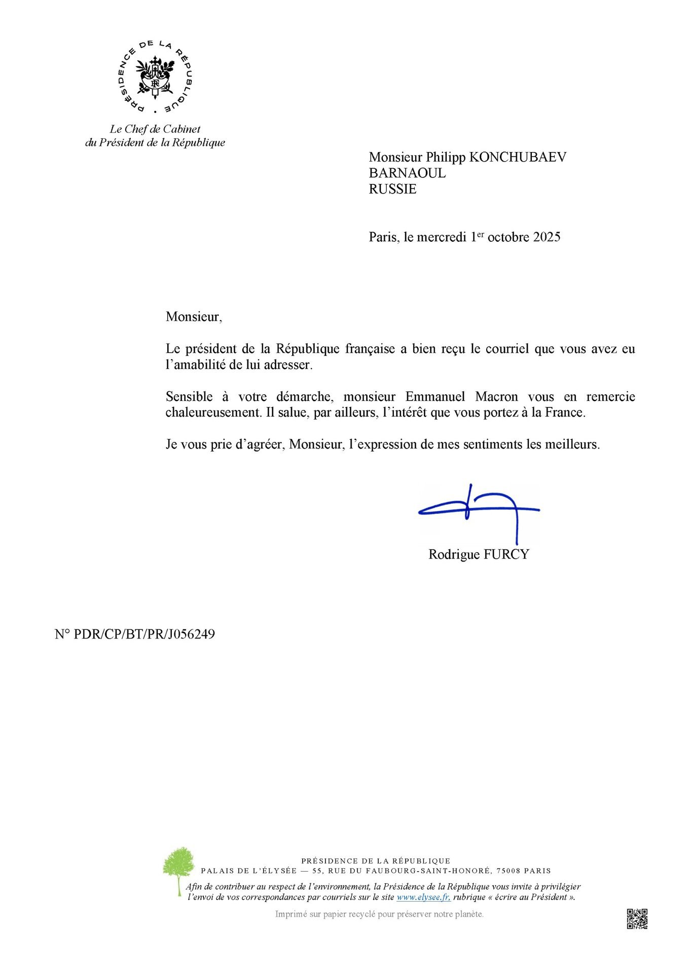 Барнаульский студент получил благодарность от президента Франции Барнаульский студент получил благодарность от президента Франции