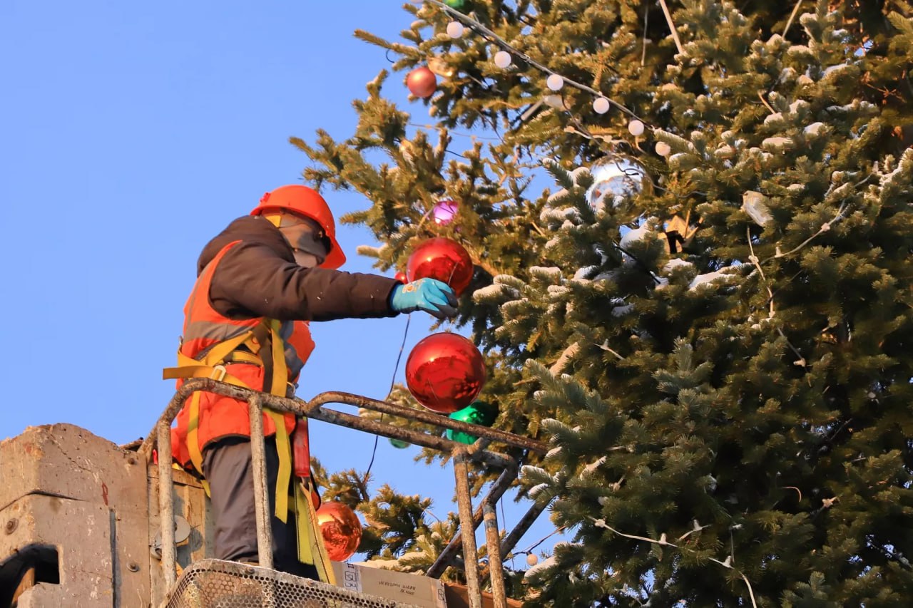 Ёлку возле Дворца культуры и спорта нарядили в Бийске Ёлку возле Дворца культуры и спорта нарядили в Бийске