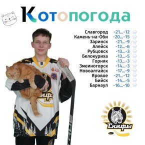 «Котопогоду» на этой неделе ведёт будущий защитник, а ещё нападающий хоккейной команды «Скифы» Вадим Храмов и его 6-летний кот Рыжик