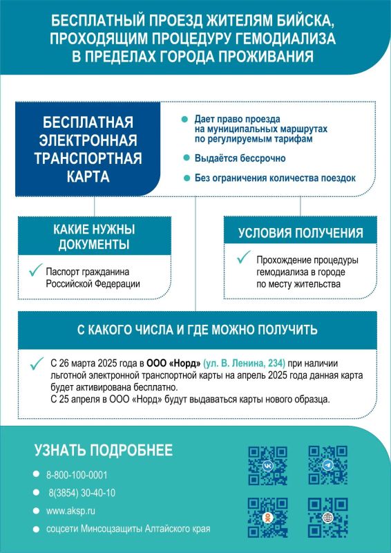 Жителям шести городов Алтайского края, проходящим гемодиализ в городе их проживания, предоставляется бесплатный проезд в общественном транспорте Жителям шести городов Алтайского края, проходящим гемодиализ в городе их проживания, предоставляется бесплатный проезд в общественном транспорте