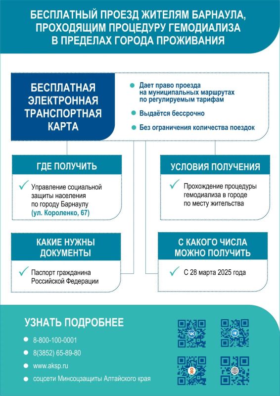 Жителям шести городов Алтайского края, проходящим гемодиализ в городе их проживания, предоставляется бесплатный проезд в общественном транспорте